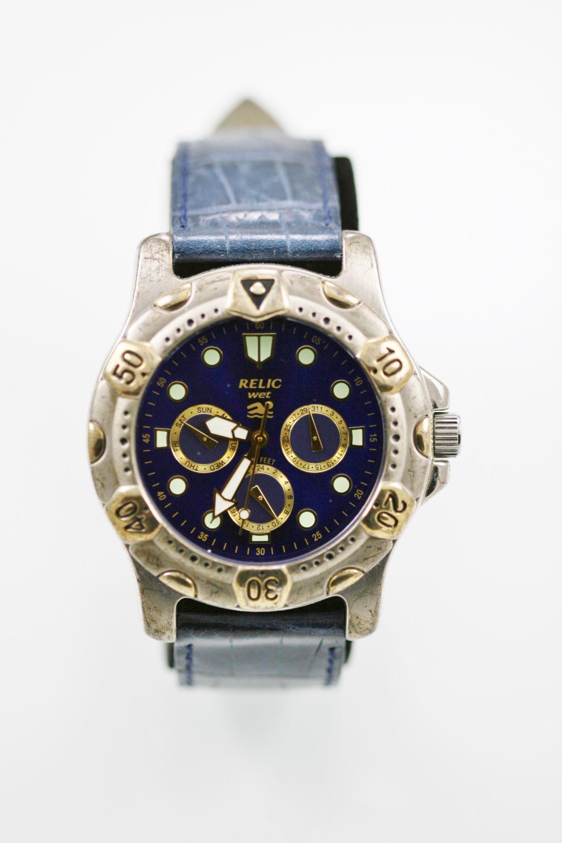 Relic Wet Watch Mens Stainless Steel Gold Day Date 24hr Leather Blue 50m Quartz | eBay